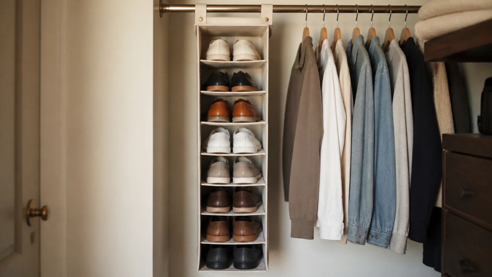 canvas hanging shoe column suspended from a closet rod holding pairs