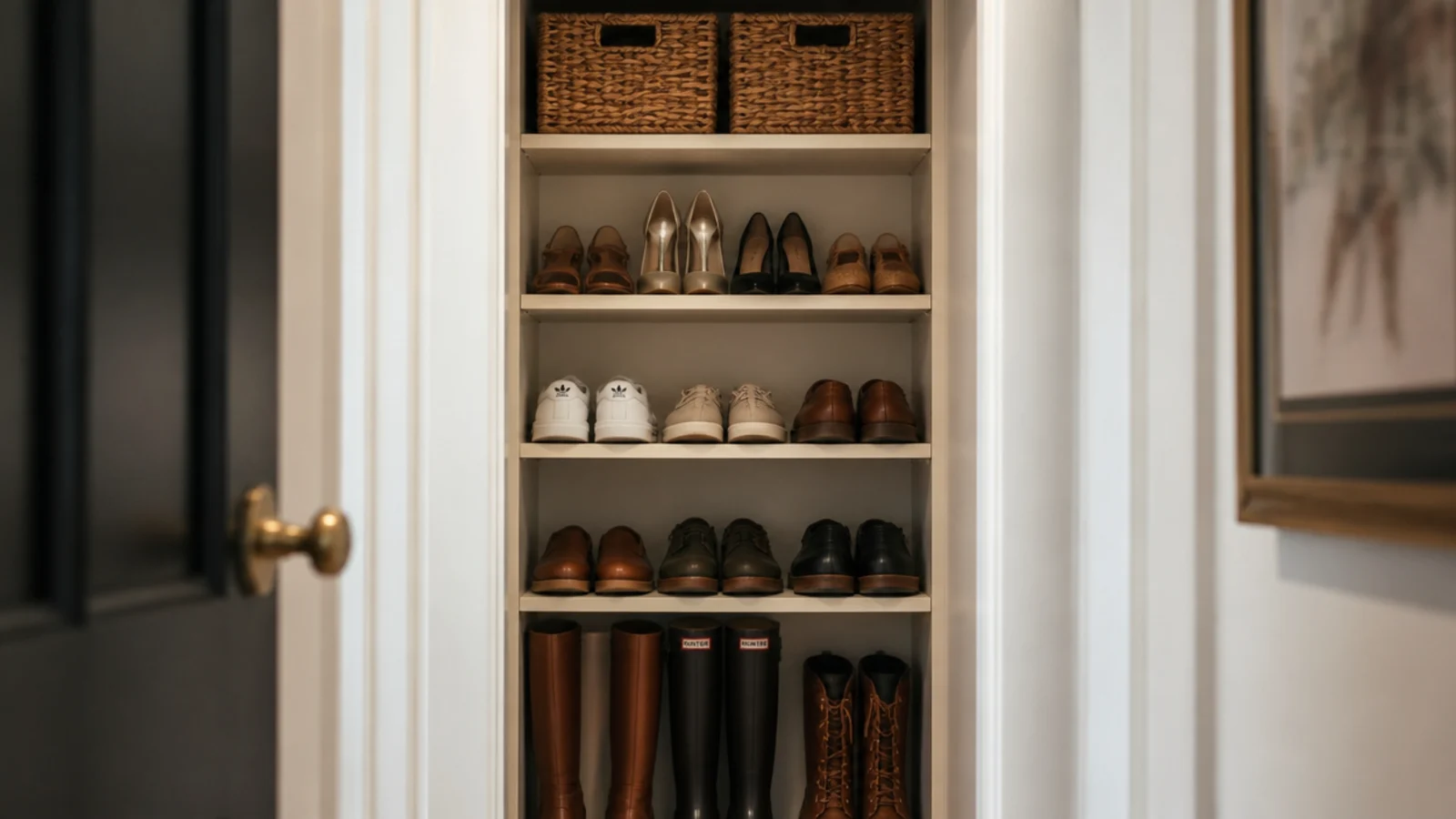 converted coat closet shelved floor to ceiling with rows of shoes