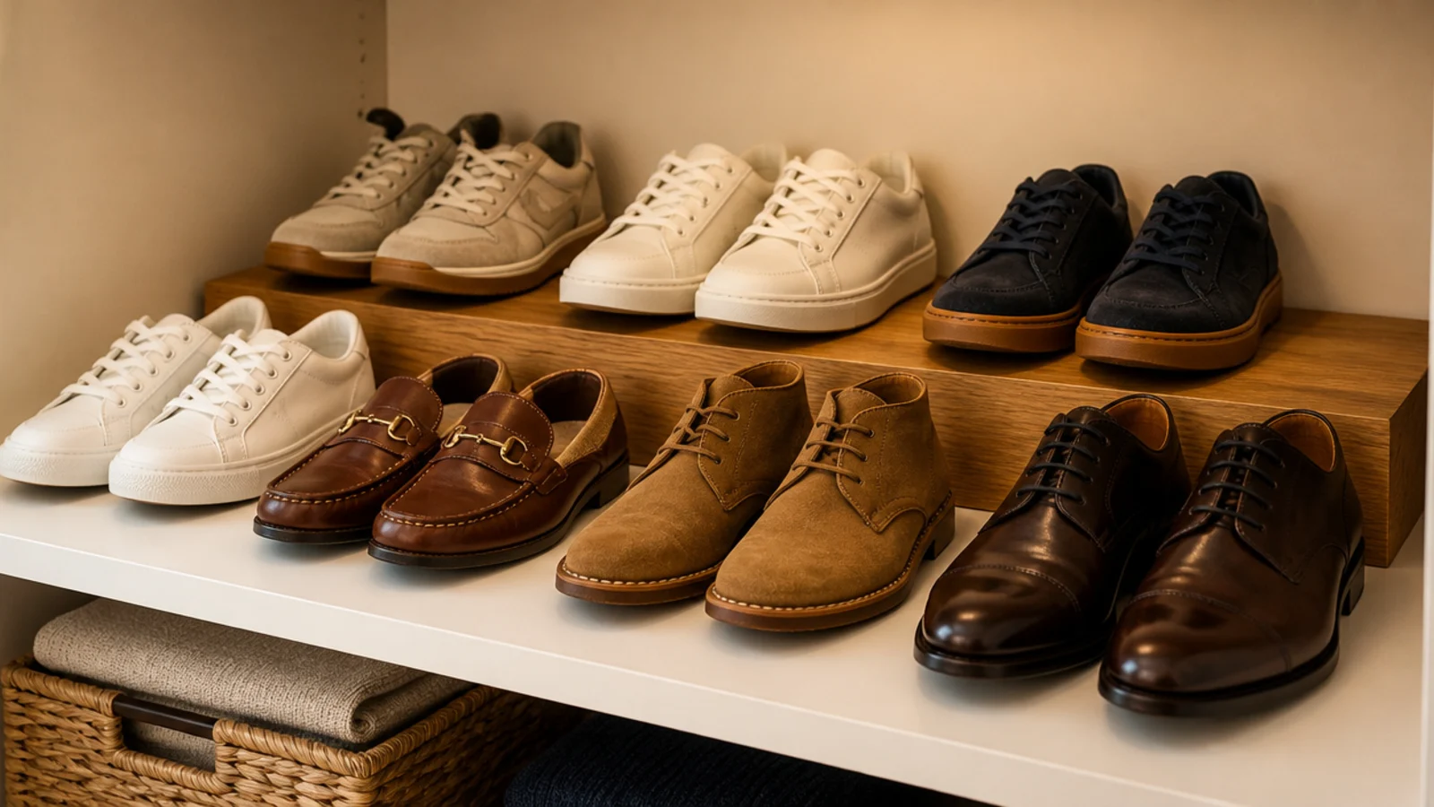 small riser on a closet shelf creating a stepped second row of shoes