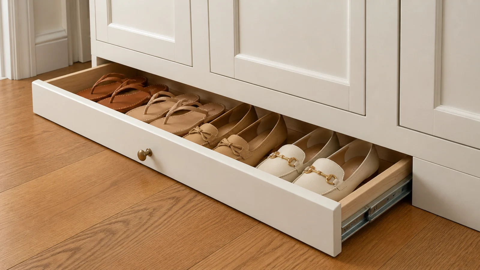 shallow toe kick drawer opened beneath a built in closet holding flats