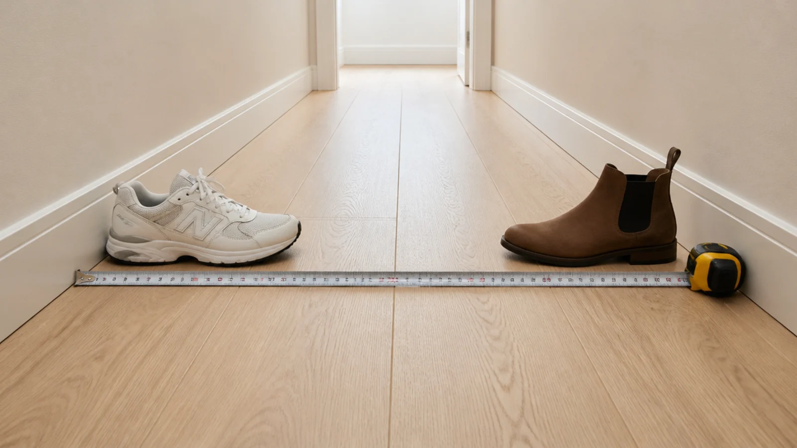 tape measure across a narrow apartment hallway beside two pairs of shoes