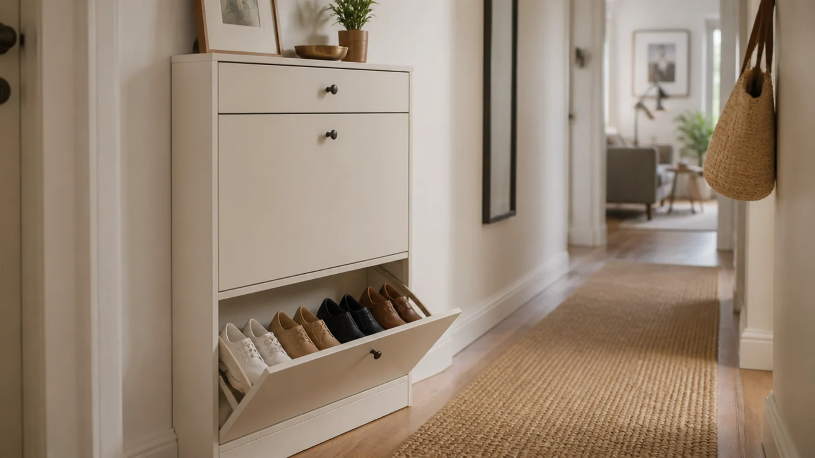 narrow tilt out shoe cabinet in a small apartment hallway with drawer open