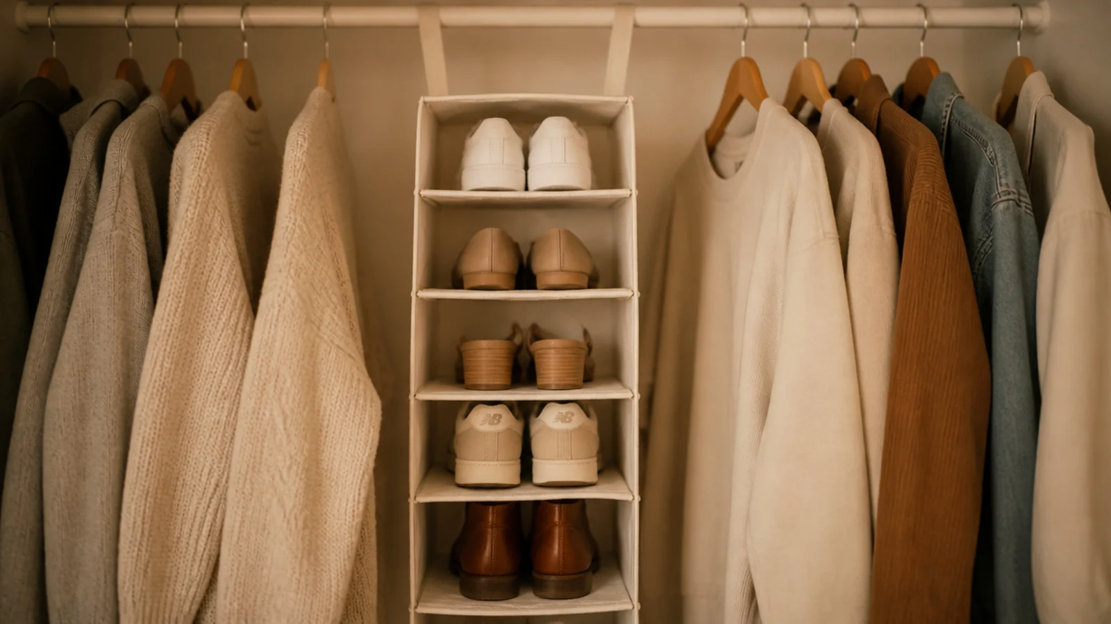 canvas hanging shoe column clipped to a rod in a small apartment closet