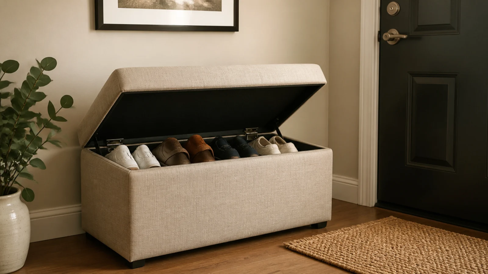 linen storage ottoman open beside an apartment door showing shoes inside