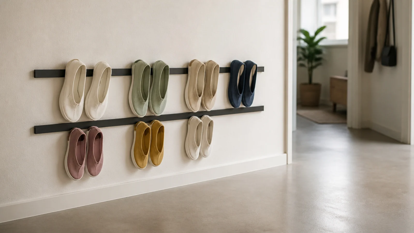 slim adhesive wall rails holding flat shoes in a small apartment hallway