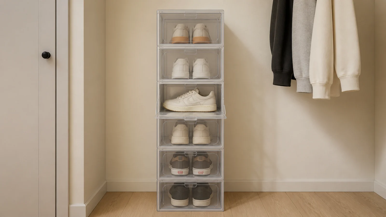 clear drop front shoe boxes stacked high in an apartment closet corner
