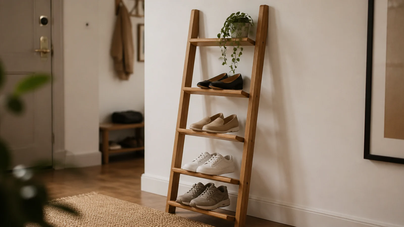 leaning oak ladder rack holding flat shoes in an apartment corner