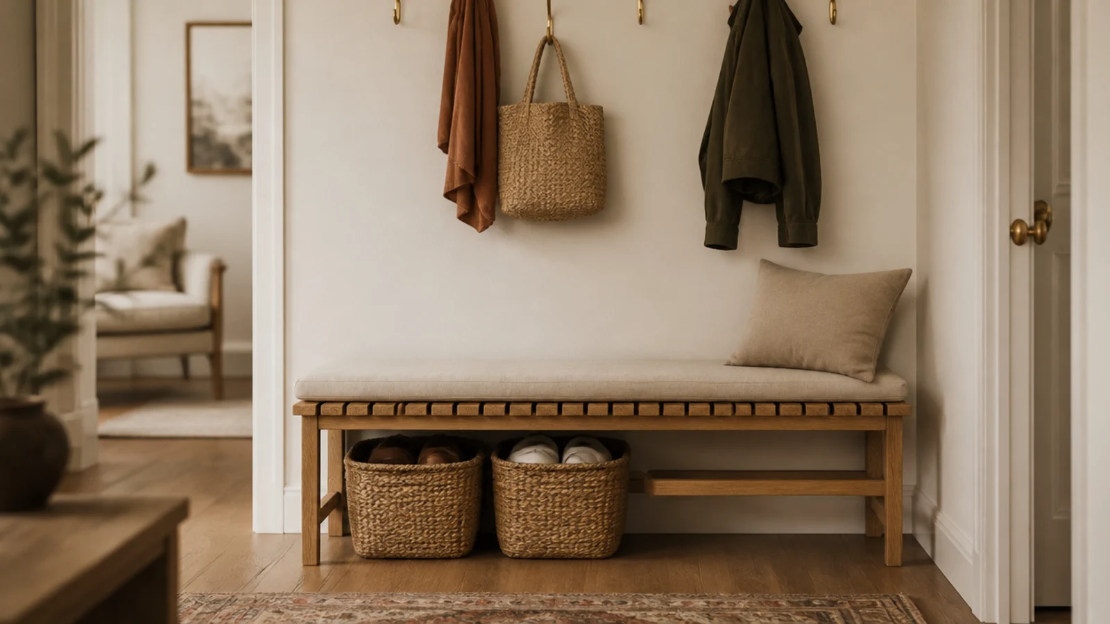 slim apartment bench at seat height with two woven shoe baskets below