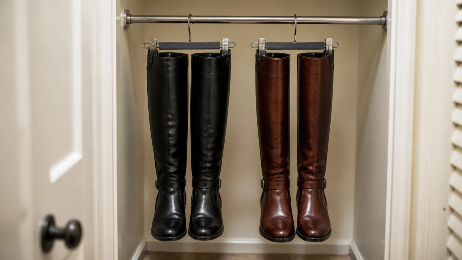 tall boots hanging from clips on a tension rod in a rental closet