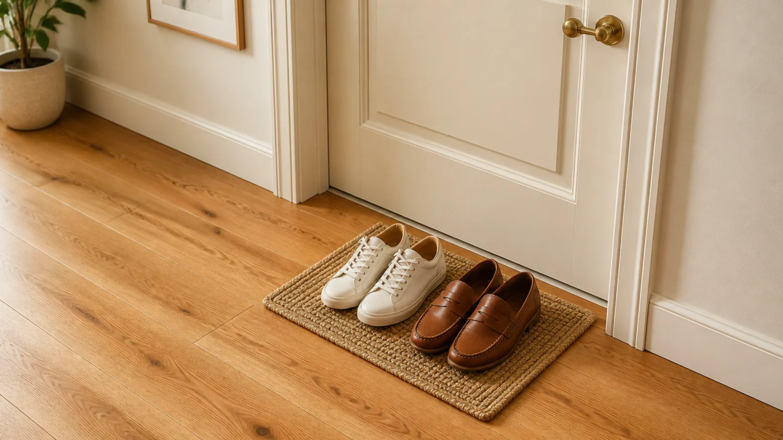 small jute mat by an apartment door holding exactly two pairs of shoes