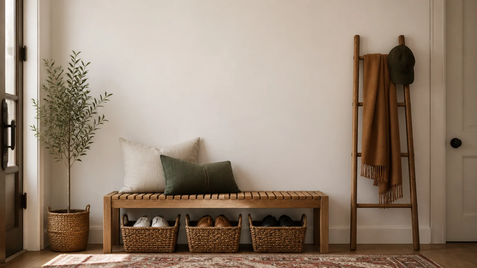 vertical small apartment shoe storage with a bench baskets and a ladder rack