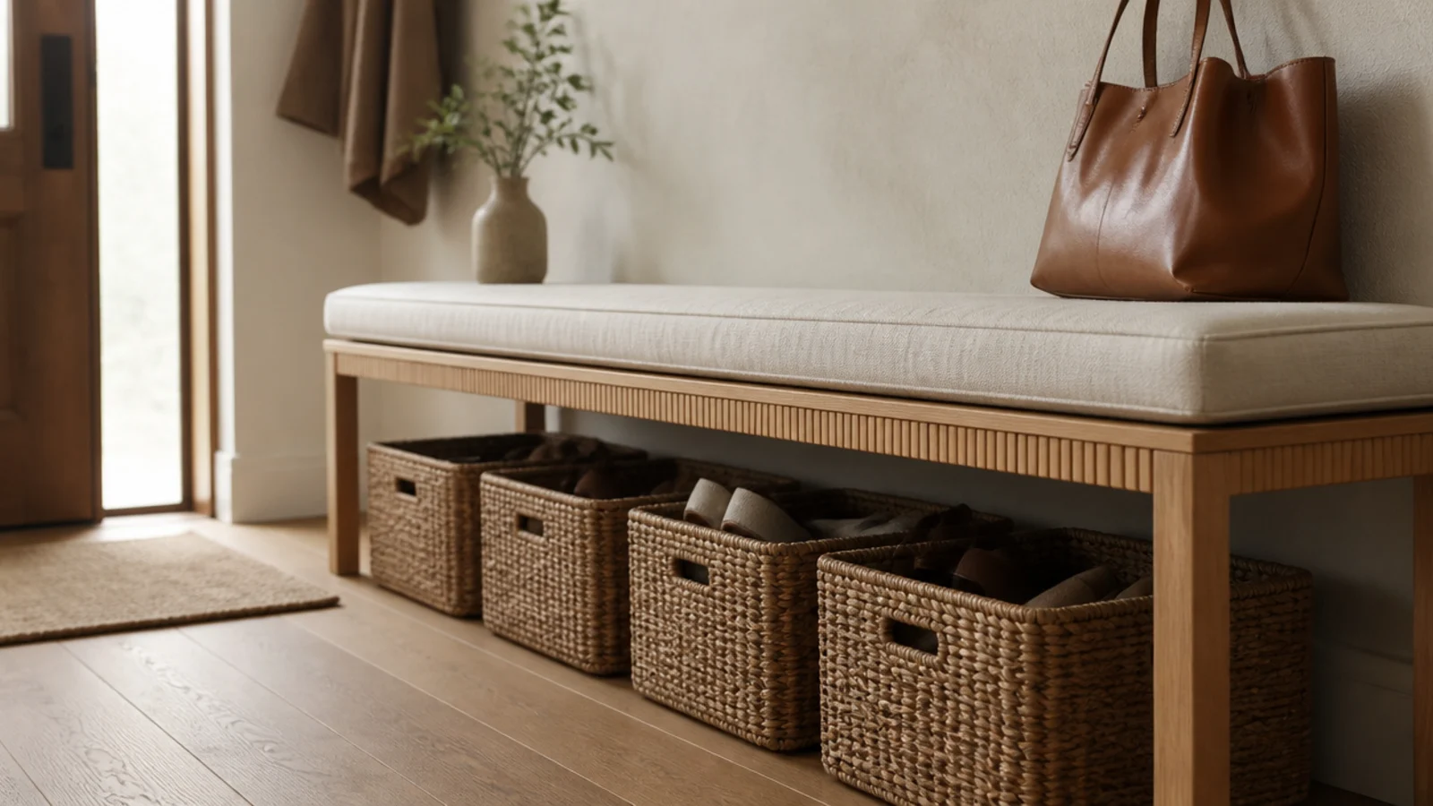 slatted wooden entryway bench with labelled woven baskets underneath