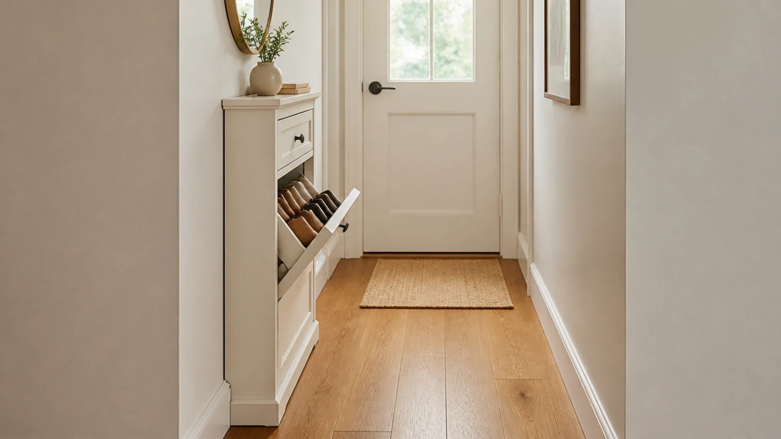 narrow tilt out shoe cabinet against a hallway wall holding shoes