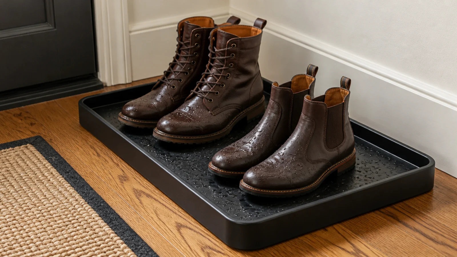 raised lip boot tray by a front door holding wet leather boots
