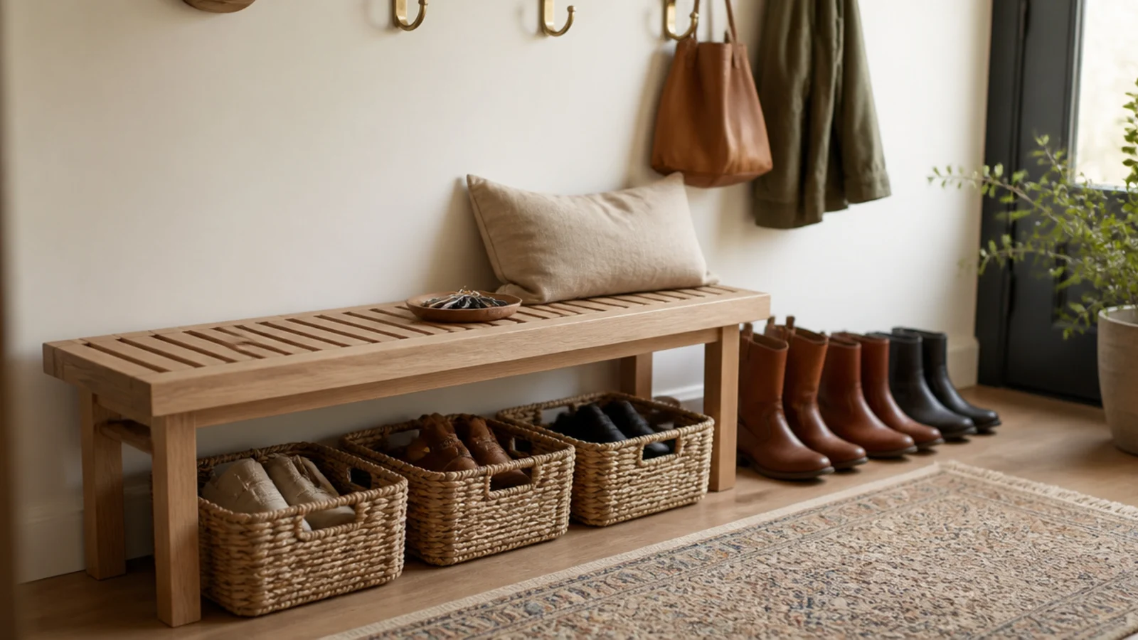 entryway shoe storage ideas with a slatted oak bench and woven baskets