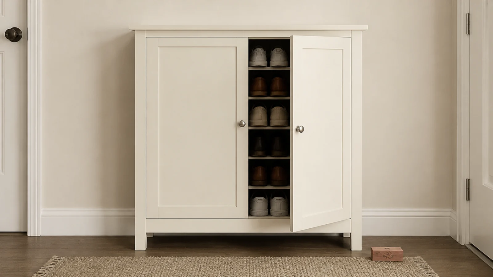 closed shoe cabinet doors with no vents beside a hallway wall