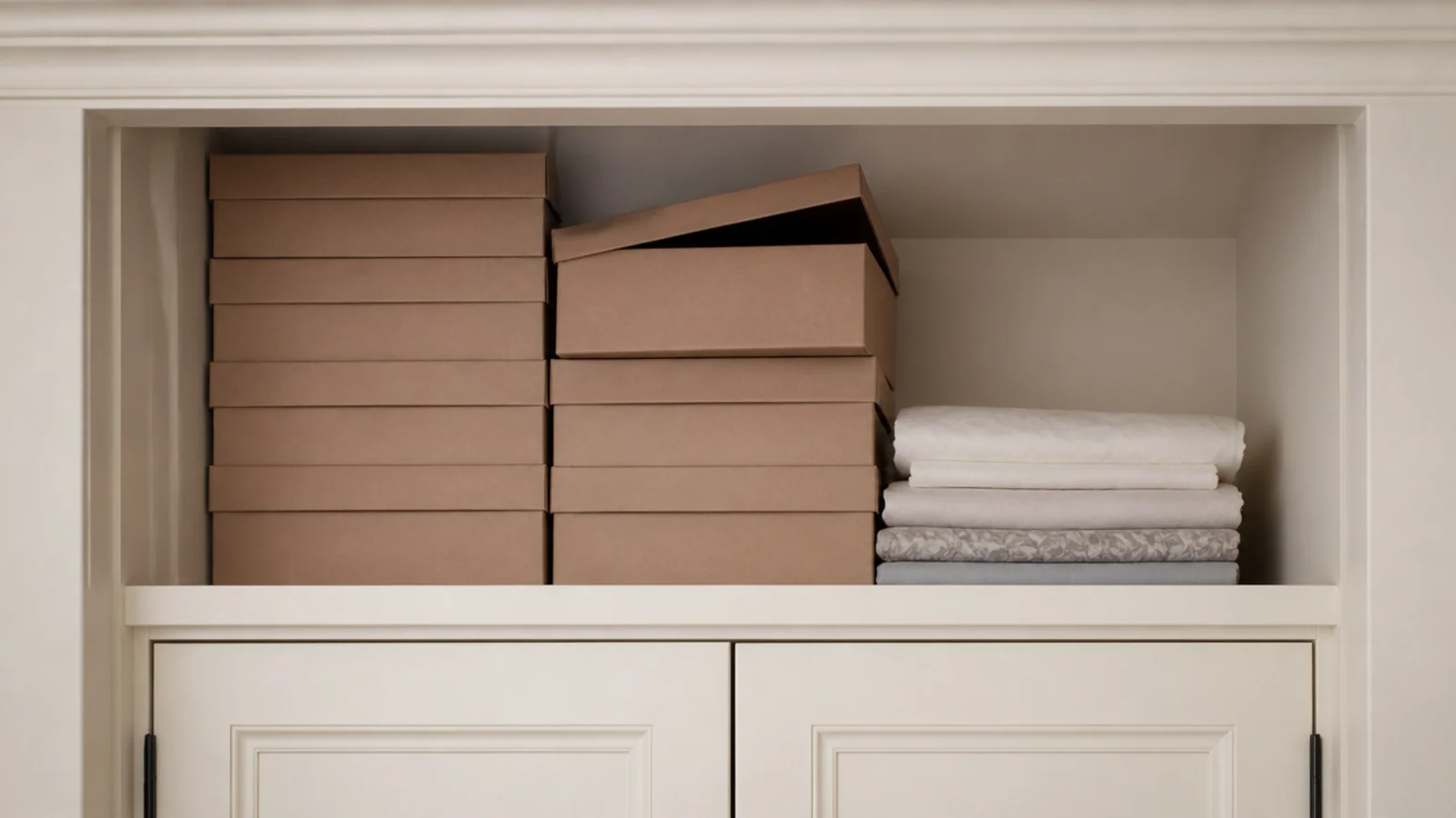 tower of unlabelled shoe boxes stacked on a high closet shelf