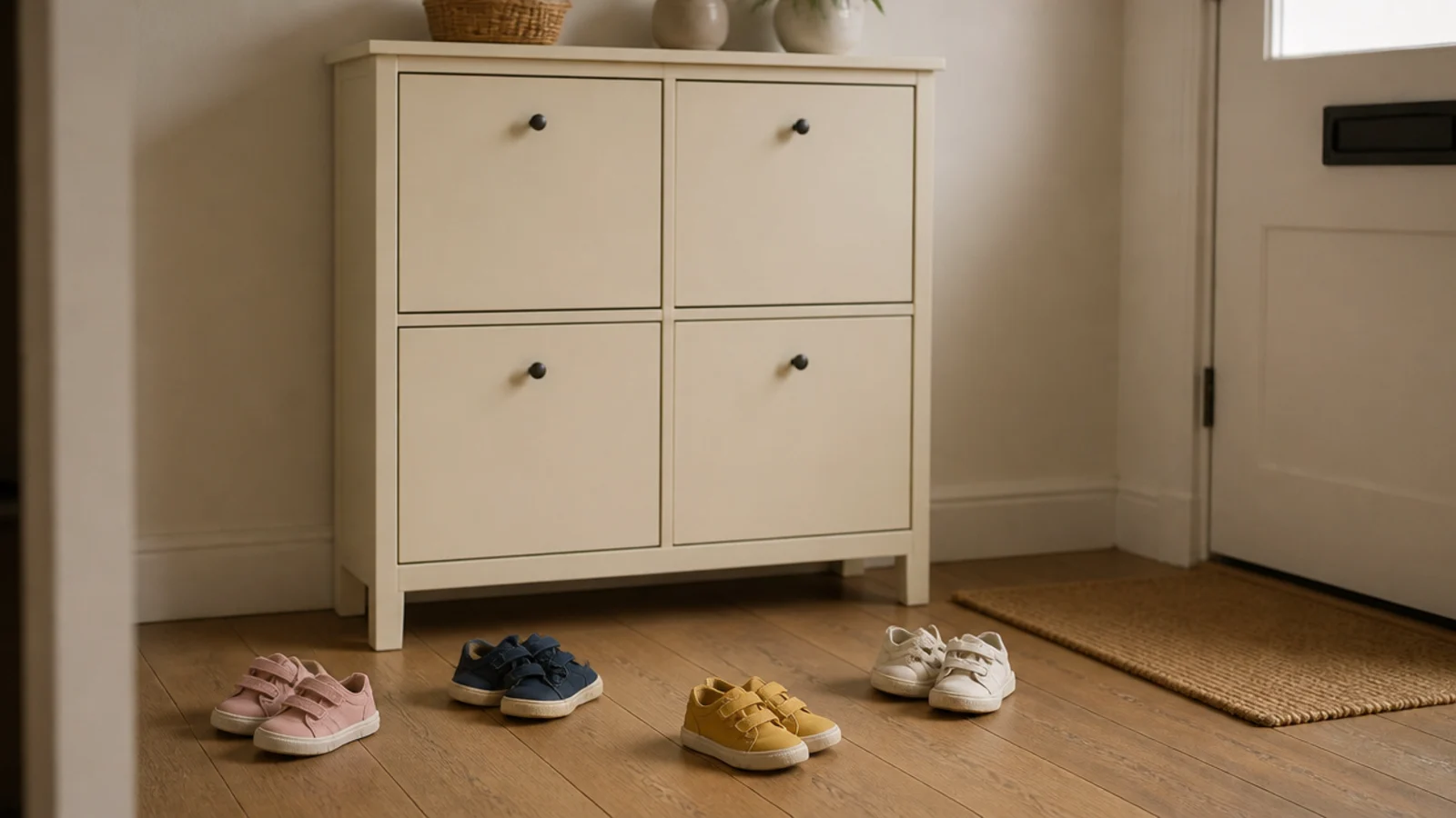 closed shoe cabinet with small shoes scattered on the floor beside it
