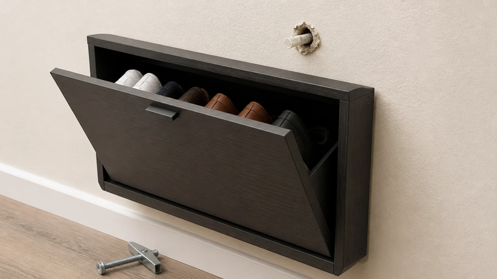 wall mounted shoe unit pulling loose from drywall on plastic plugs