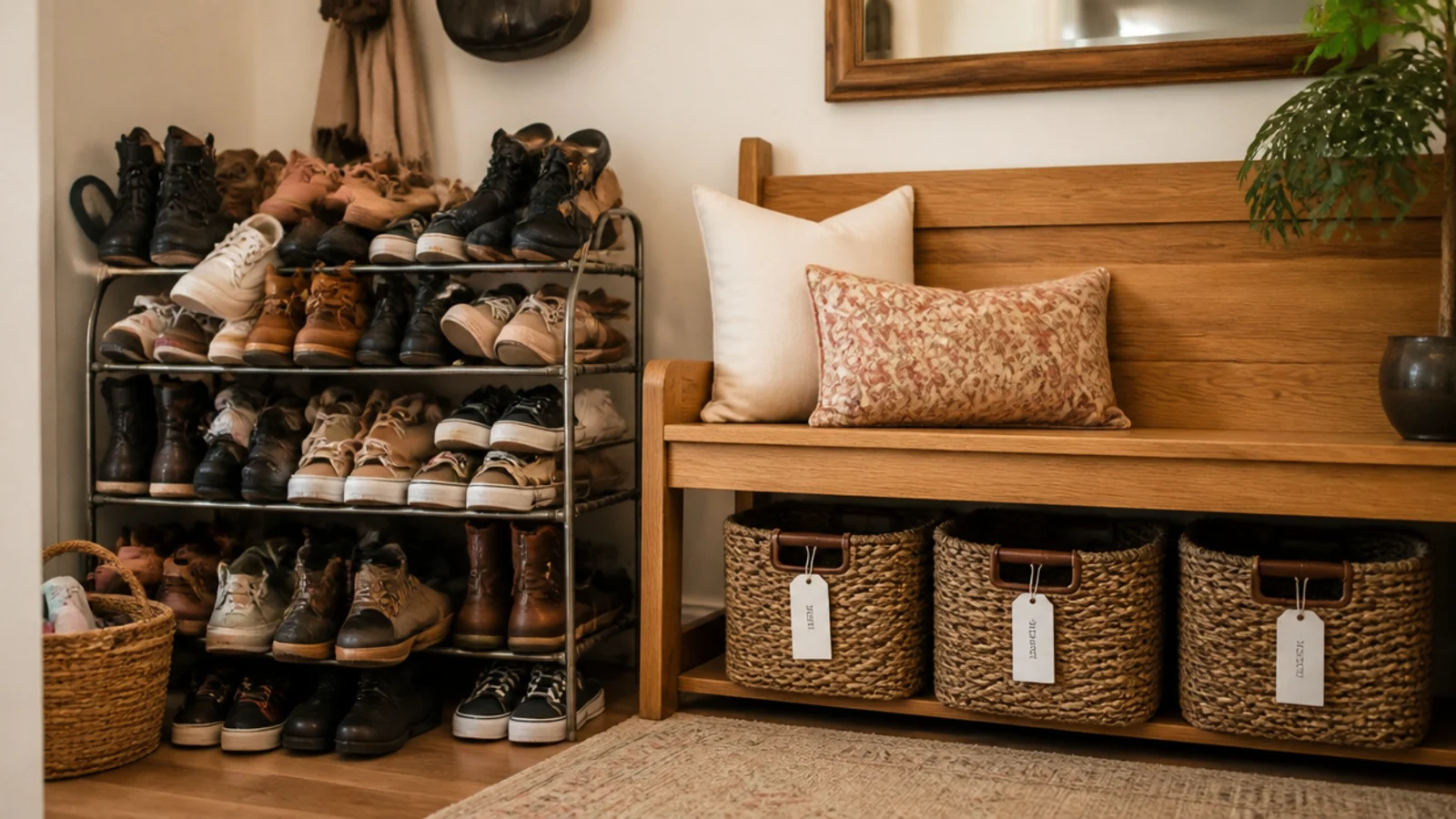 entryway showing common shoe storage mistakes being corrected beside a bench