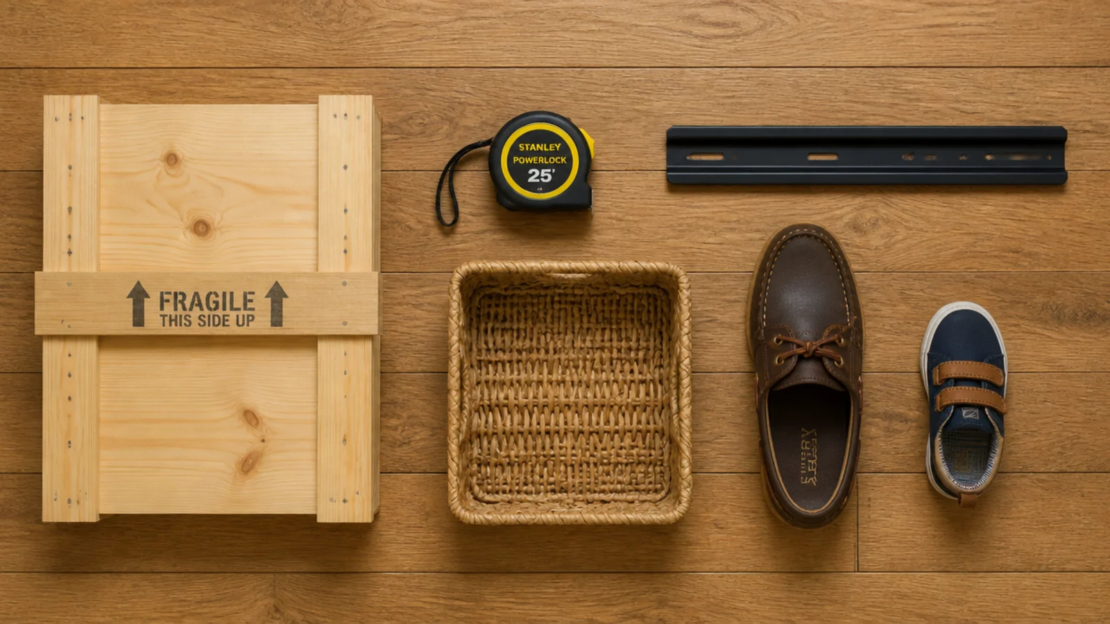 cheap shoe storage materials laid out with a tape measure and shoes
