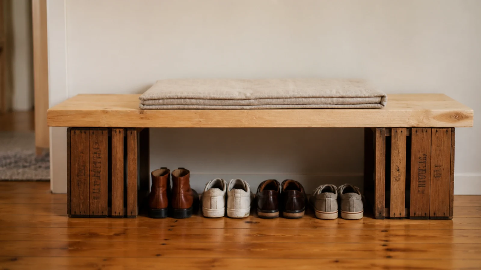 pine plank resting across two crates forming a low shoe bench