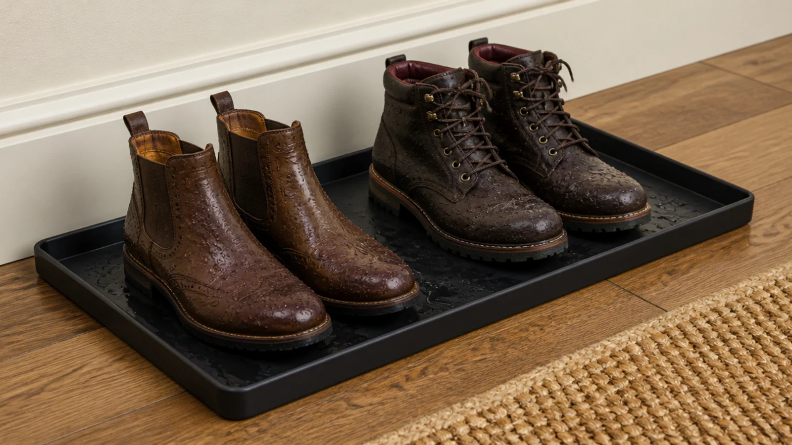 wide garden drip tray by a door holding two pairs of wet boots