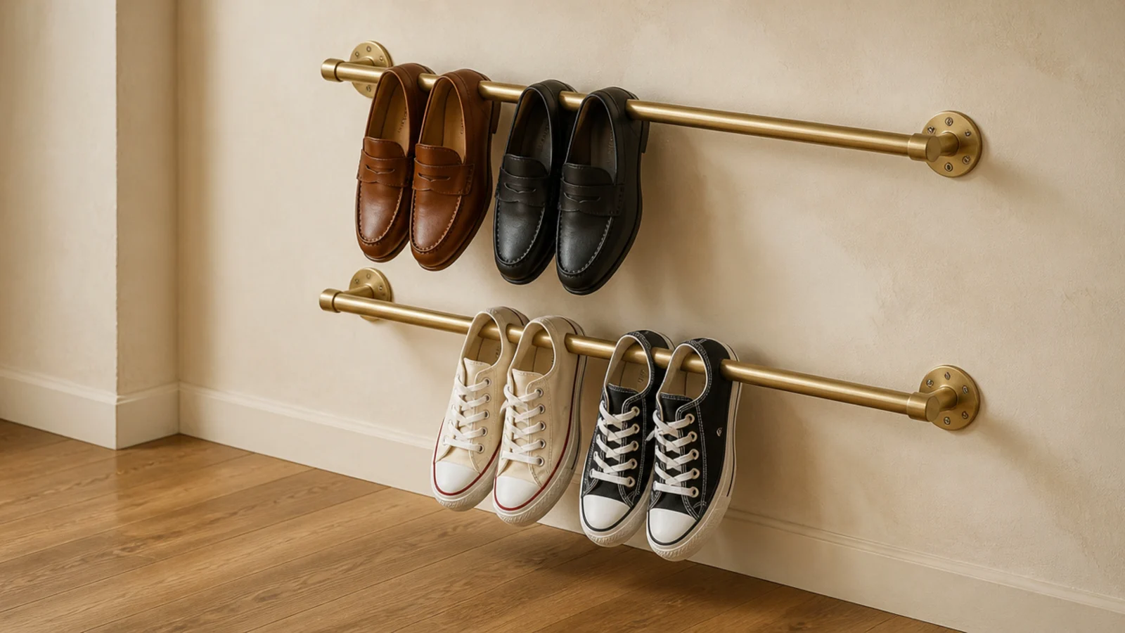 plain towel bars mounted low on a wall holding flat shoes vertically