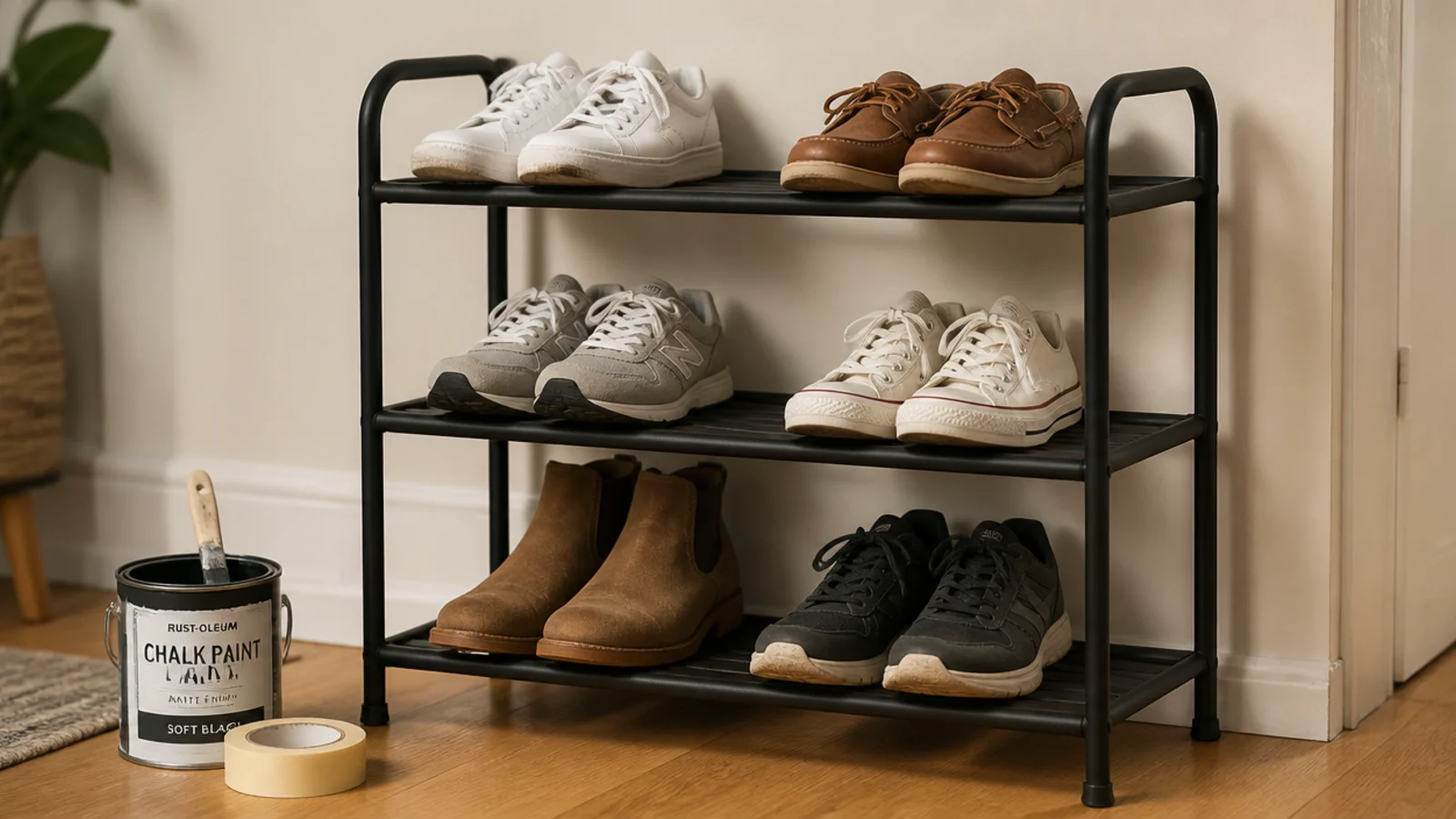 old metal shoe rack repainted matte black holding pairs neatly