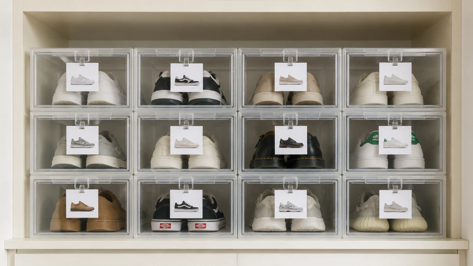 stacked clear shoe boxes labelled with small photos on a closet shelf