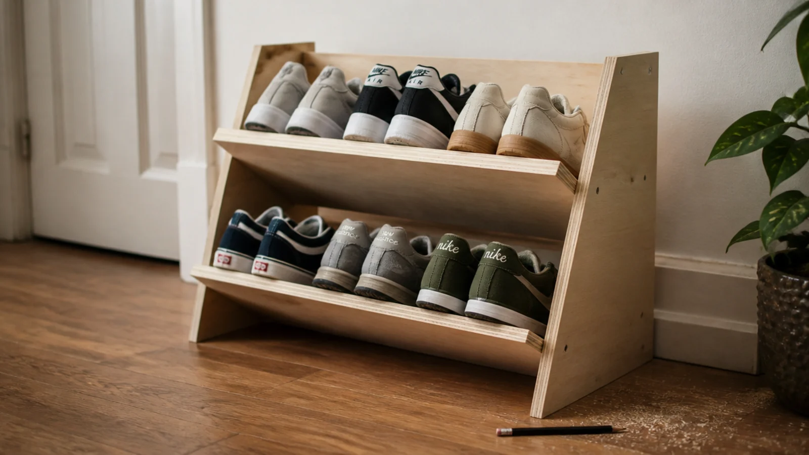 simple angled plywood shoe rack built from offcuts in a hallway