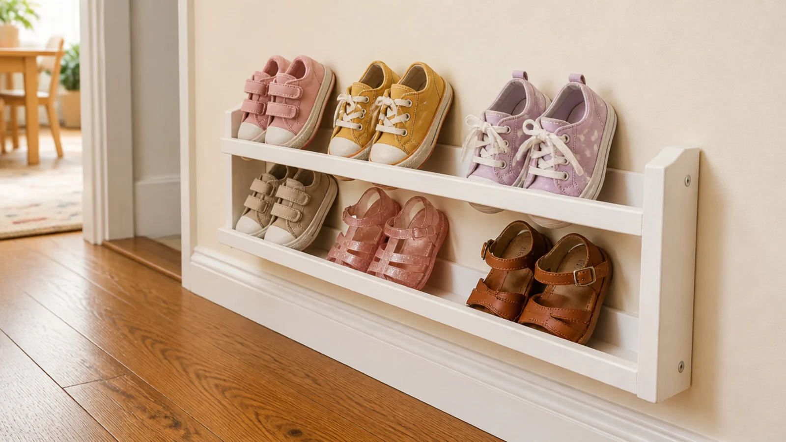 narrow spice rack mounted low holding small children shoes in rows