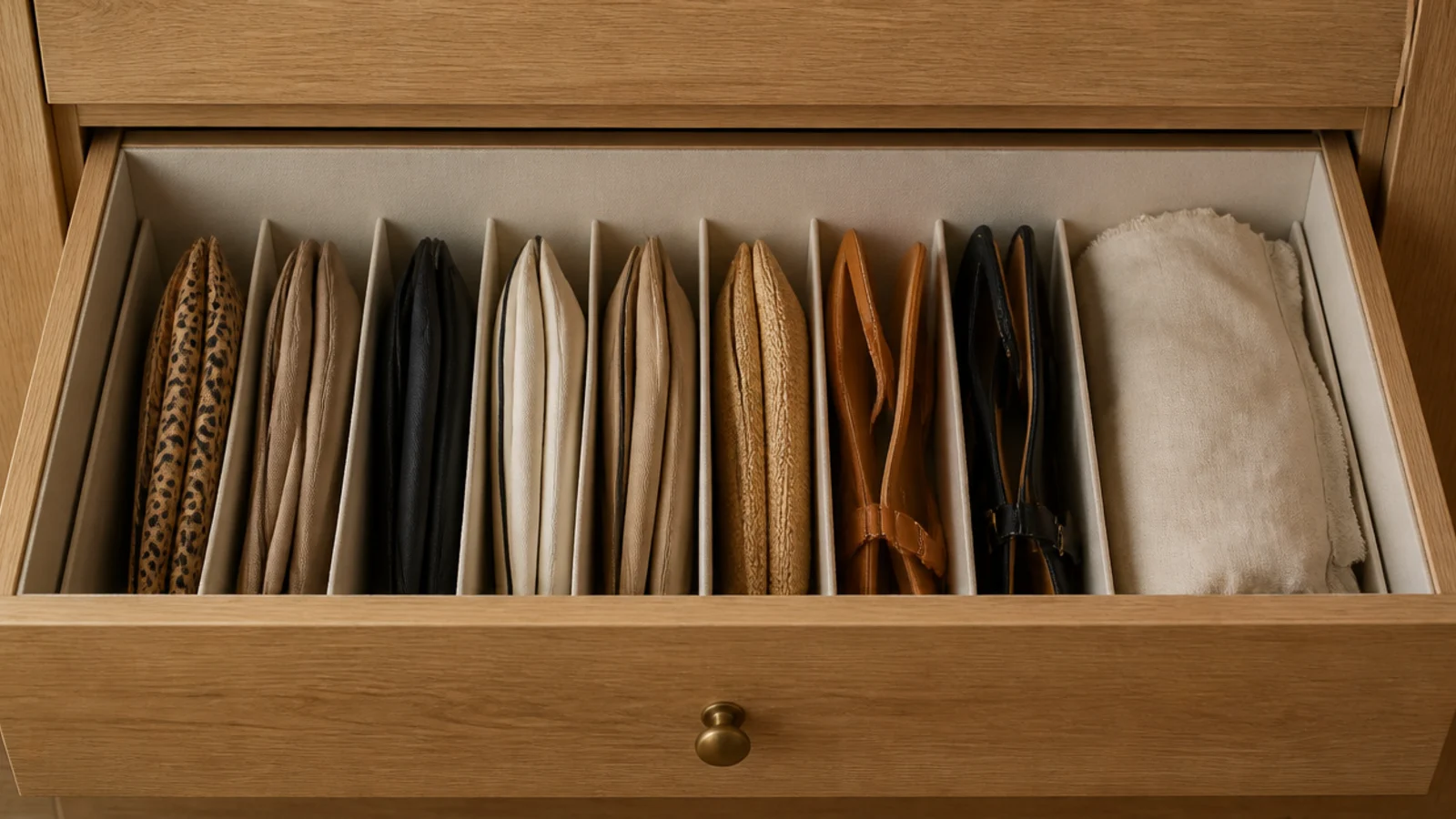 deep drawer divided into shoe slots with simple cardboard dividers