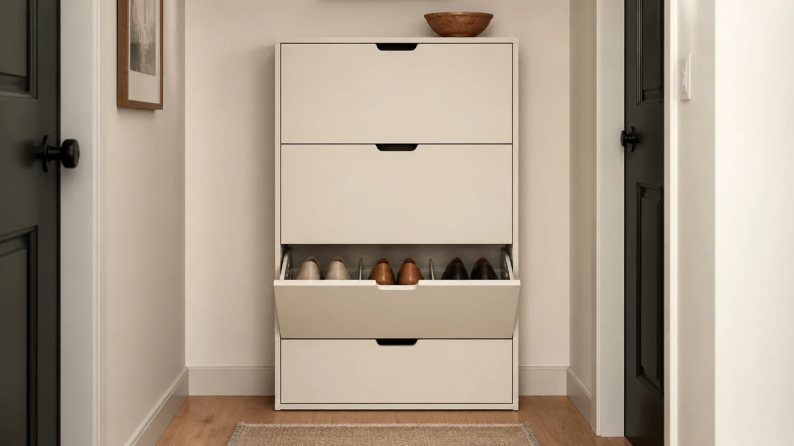 slim flat pack tilt out shoe cabinet in a narrow budget hallway