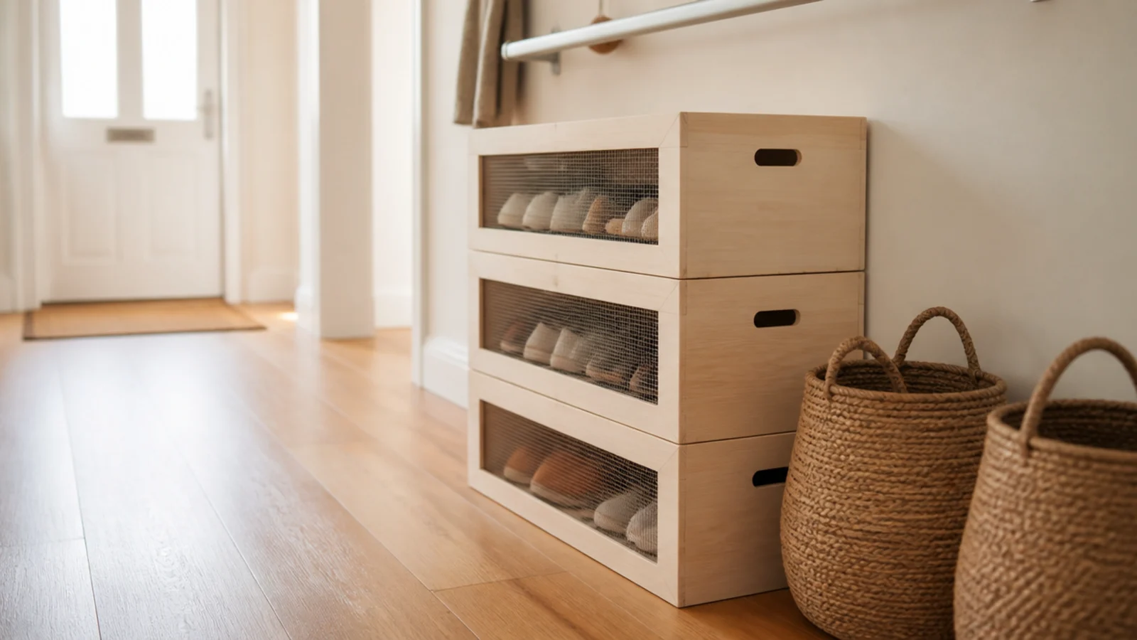 budget shoe storage with sealed crates and woven baskets in a hallway