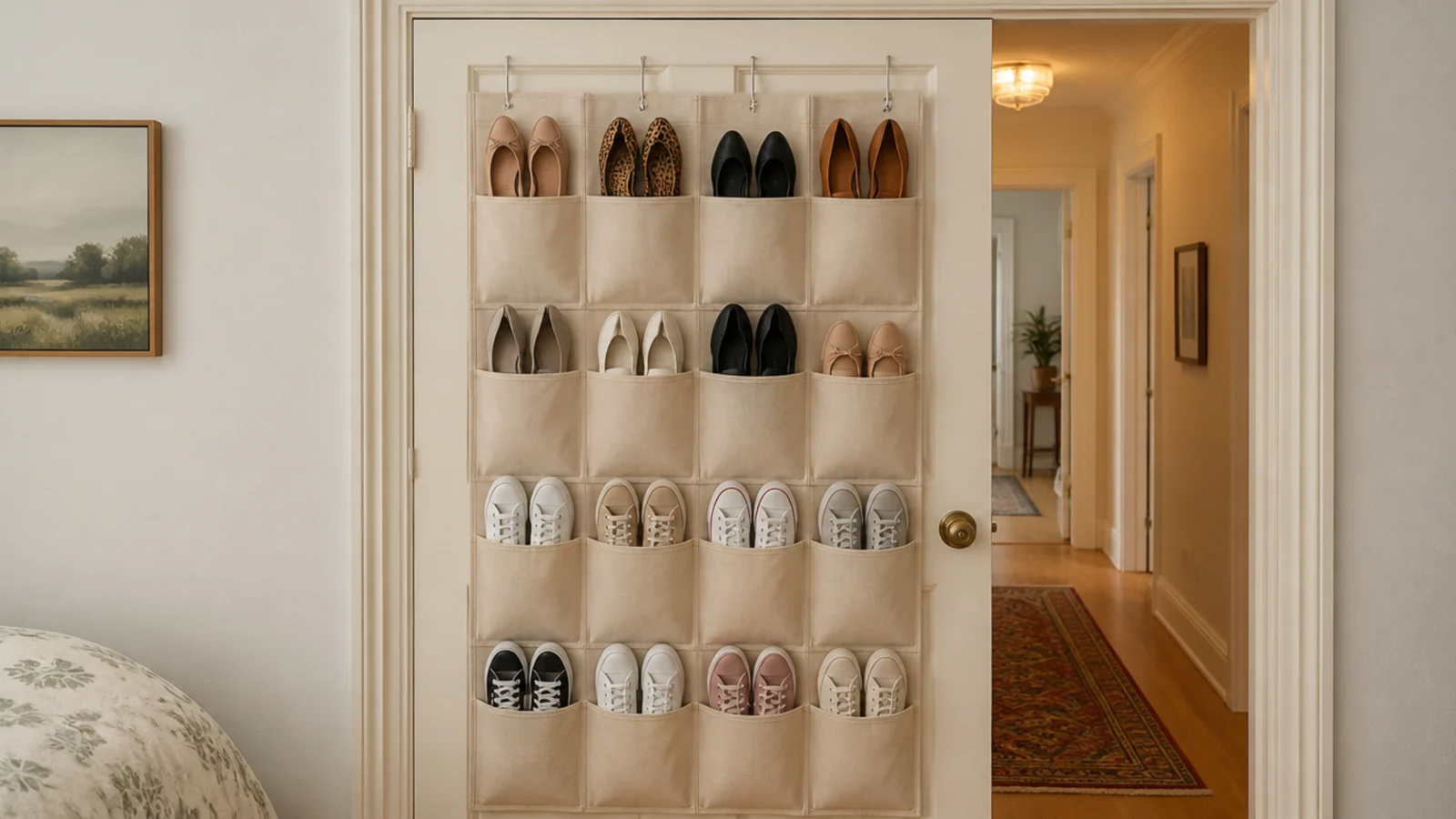 canvas pocket organizer on a bedroom door holding flat shoes