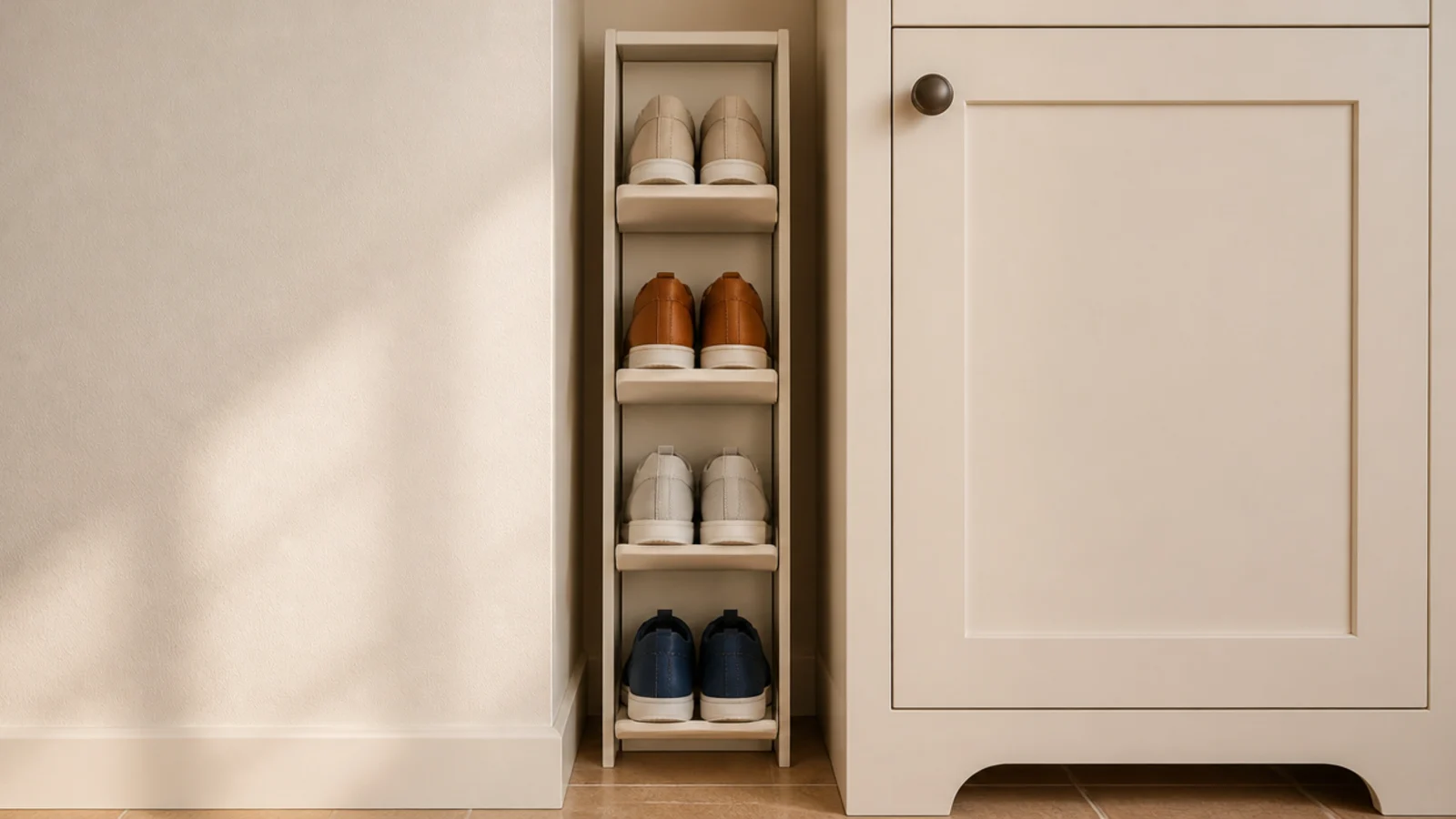 narrow shoe rack fitted into a six inch gap beside a cabinet