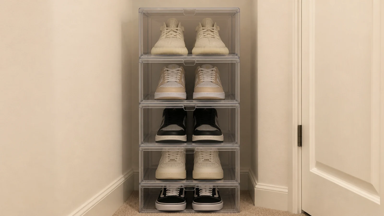 stack of clear shoe boxes showing the pairs stored inside