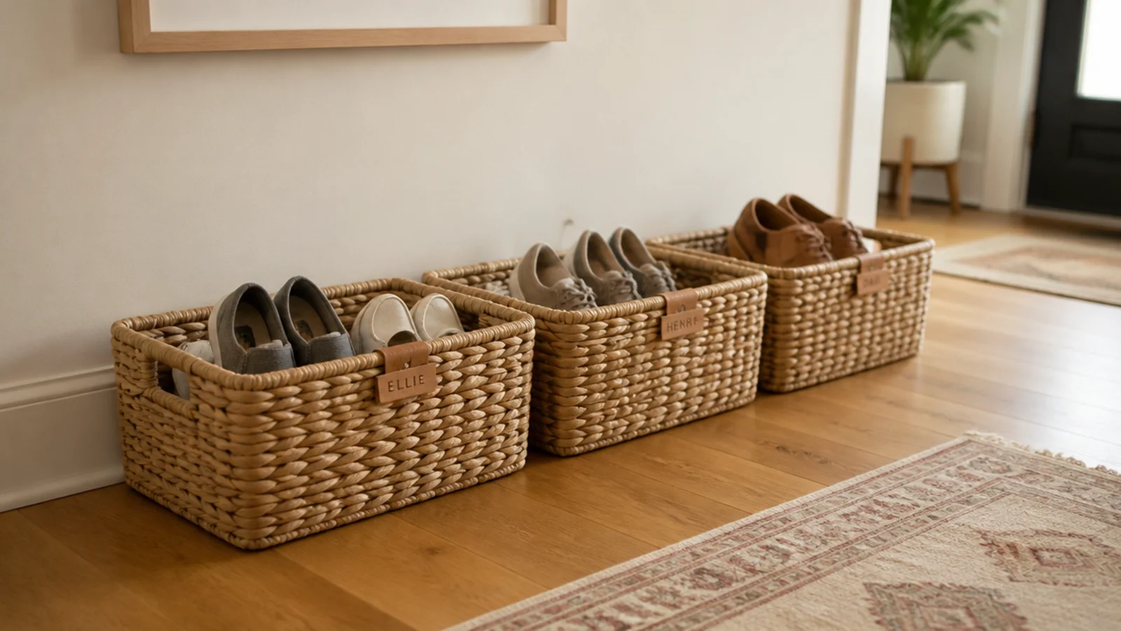 three labelled woven baskets each holding one person shoes