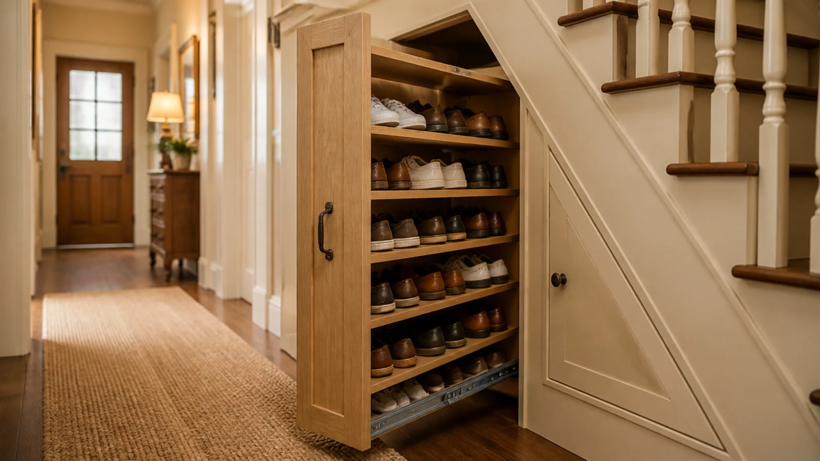 tall pull out shoe tower extended from an under stairs cupboard