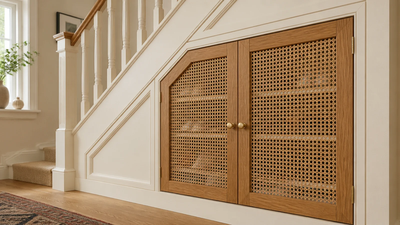 cane fronted under stairs shoe cupboard doors with visible airflow gaps