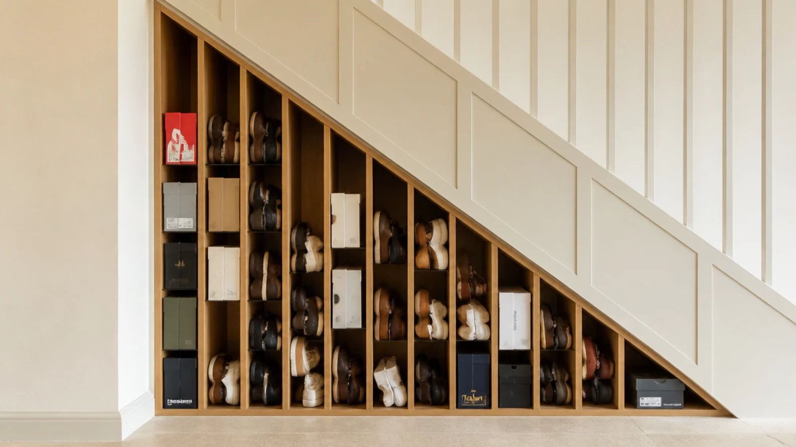 vertical dividers organising shoes in the deep under stairs corner