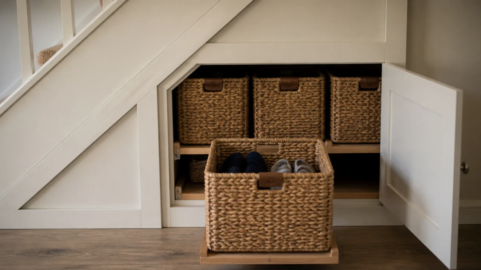woven baskets on runners pulled from an under stairs shoe cupboard