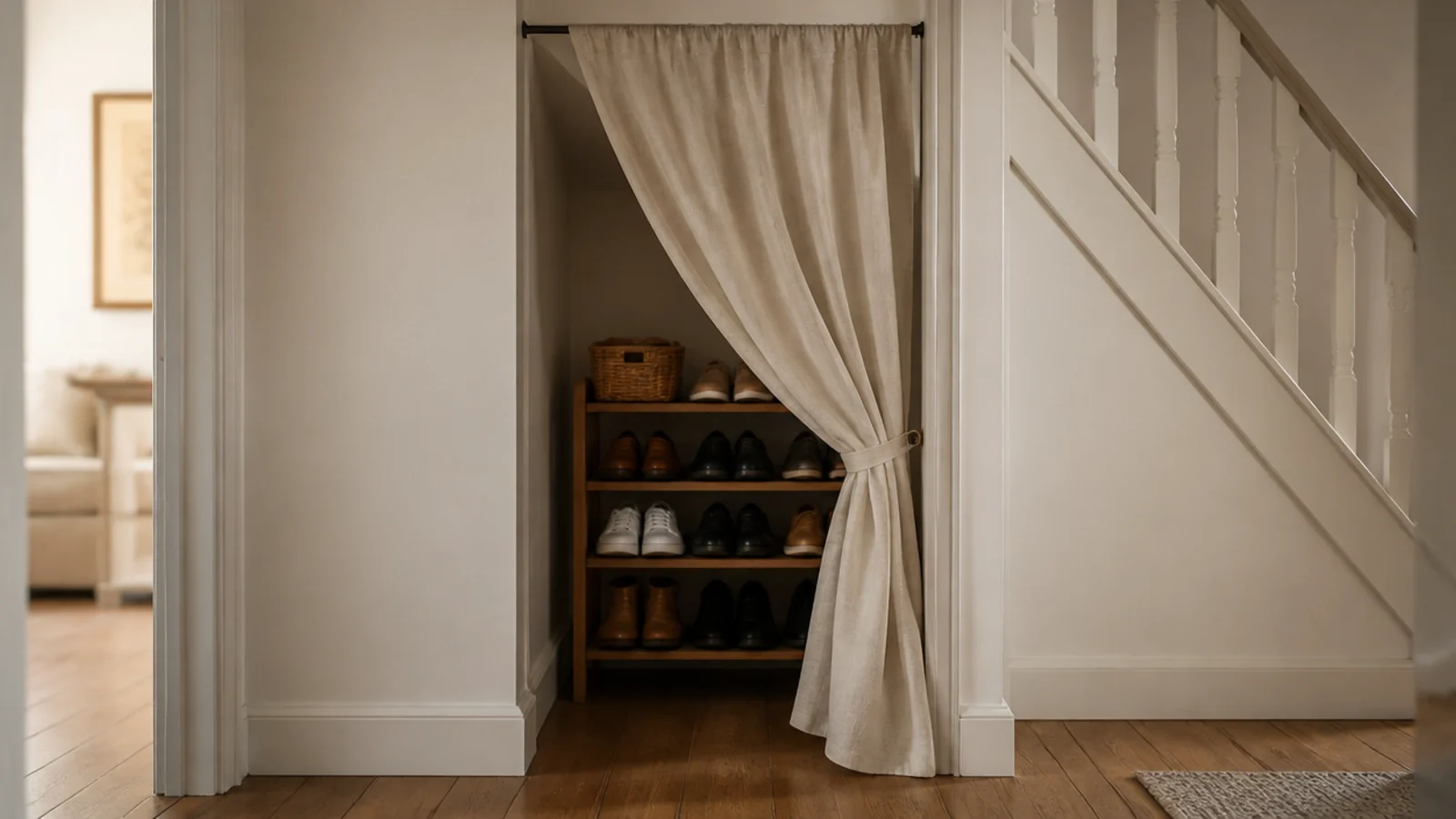 linen curtain hiding an under stairs shoe rack in a rental hallway