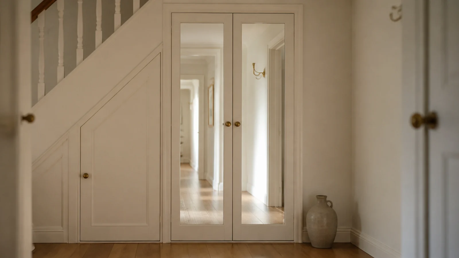 mirrored under stairs cupboard doors reflecting a bright hallway
