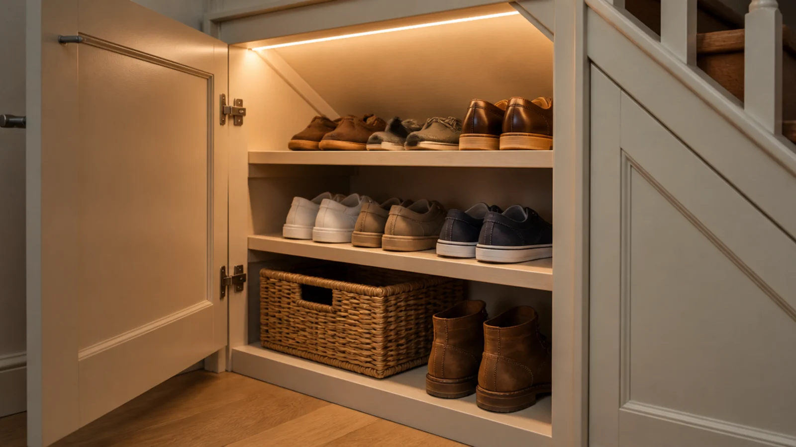 warm led strip lighting the inside of an under stairs shoe cupboard