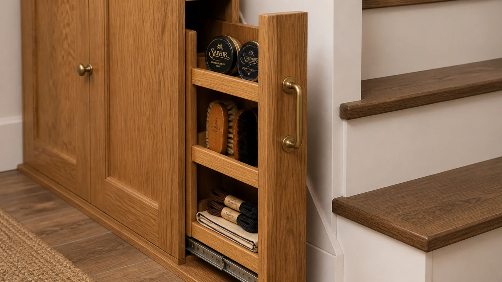 narrow pull out caddy of shoe polish and brushes under a staircase
