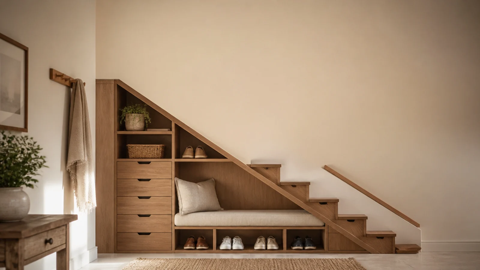 vertical under stairs shoe storage image with fitted oak drawers and cubbies