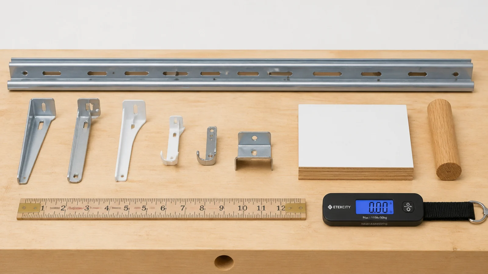 workbench with closet system brackets rails and shelf samples laid out