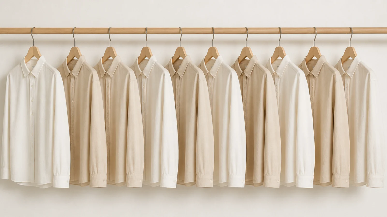 matching slim hangers giving an even shoulder line in a closet